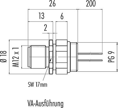 Maßzeichnung M12 Flanschstecker, Polzahl: 4, ungeschirmt, Litzen, IP68, UL 2238, PG 9, Frontmontage, Edelstahl, positionierbar, vergossen