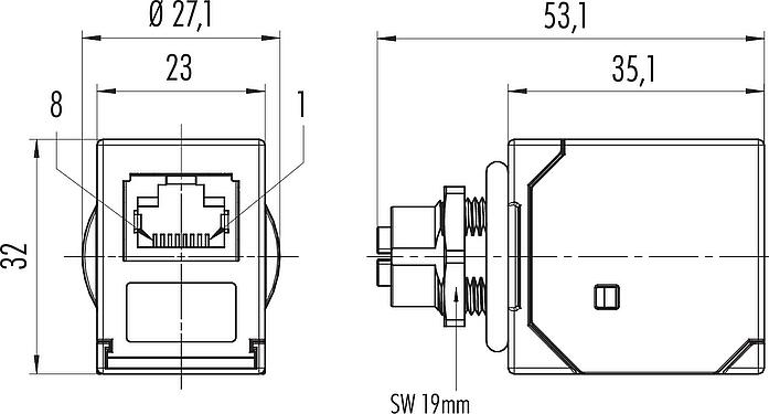 Schaaltekening M12 Doorvoer voor schakelkast, female - RJ45 recht, aantal polen: 8, afgeschermd, stekerbaar, IP67, UL, Achterwandmontage