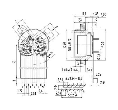 Anschluss & Maße
M16 Soquete de flange, Contatos: 12 (12-a), desprotegido, THT, IP40, M18x0,75, Montagem no painel traseiro, dupla fila