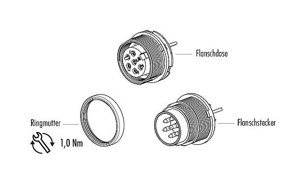 Einzelteildarstellung M16 Flanschstecker, Polzahl: 5 (05-a), schirmbar, THT, IP40, M18x0,75, Rückwandmontage