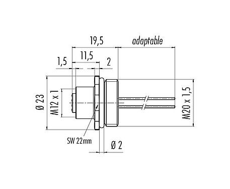 Výkres v měřítku M12 Přírubová zásuvka, : 12, nestíněný, Splétané vodiče, IP68, UL 2238, M20x1,5, Přední montáž