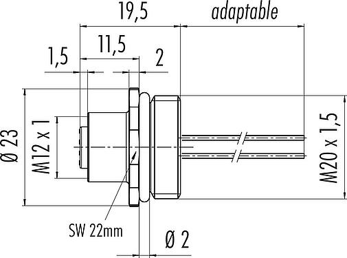 Scale drawing M12 Female panel mount connector, Contacts: 12, unshielded, single wires, IP68, UL 2238, M20x1.5, Front mounting, potted