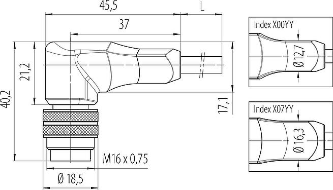 Scale drawing M16 Male angled connector, Contacts: 8, unshielded, moulded on the cable, IP67, PUR, black, 8 x 0.25 mm², 2 m