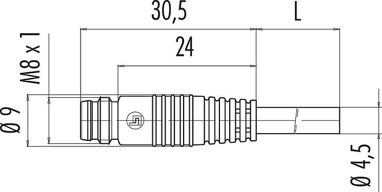 Bản vẽ tỷ lệ M8 Phích cắm cáp, Số lượng cực : 3, không có chống nhiễu, ép phun vào dây cáp, IP65, PVC, màu đen, 3x0,25mm², Phiên bản snap-in, 2m