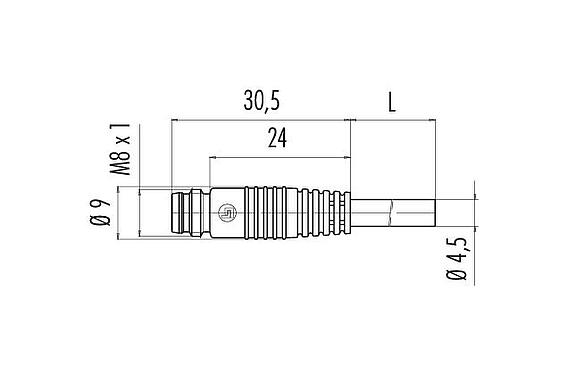 Disegno in scala M8 Connettore cavo maschio, Numero poli: 3, non schermato, stampato sul cavo, IP65, PVC, nero, 3 x 0,25 mm², Versione a scatto, 2 m