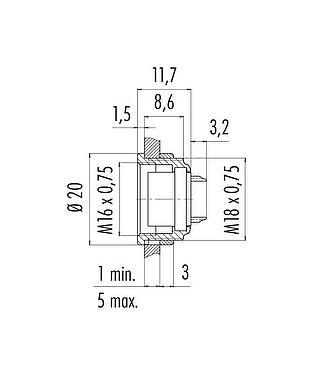 Scale drawing M16 Female panel mount connector, Contacts: 12 (12-a), unshielded, solder, IP40, M18x0,75, Front mounting