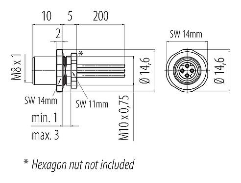Bản vẽ tỷ lệ M8 Ổ cắm gắn bảng, Số lượng cực : 4, không có chống nhiễu, dây đơn, IP67, M8x1,0, Gắn phía trước