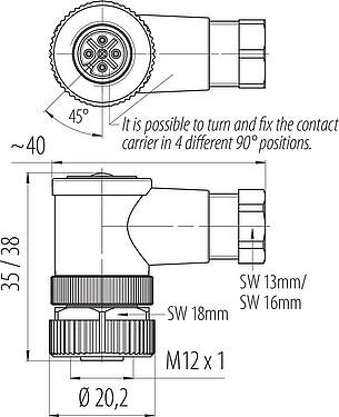 Scale drawing M12 Female angled connector, Contacts: 4, 2.5-3.5 mm, unshielded, screw clamp, IP67