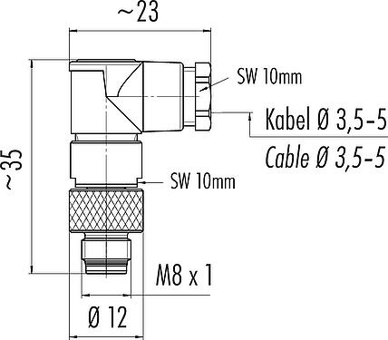 縮尺図 M8 オスアングルコネクタ, 極数: 4, 3.5-5.0mm, 非シールド, はんだ, IP67, UL 2238