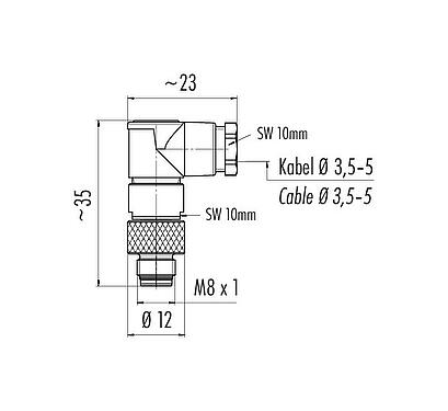 Dessin coté M8 Connecteur mâle coudé, Contacts: 4, 3,5-5,0 mm, non blindé, souder, IP67, UL 2238