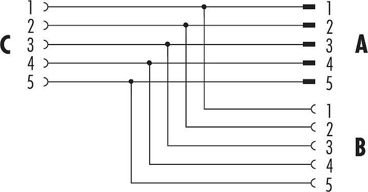 Pin assignment plans M12 Twin distributors, T-distributor, male connector - 2 female connector, Contacts: 5, unshielded, pluggable, IP68, UL 2238