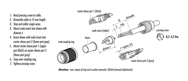 Assembly instructions M9 Male cable connector, Contacts: 2, 4.0-5.0 mm, unshielded, solder, IP40