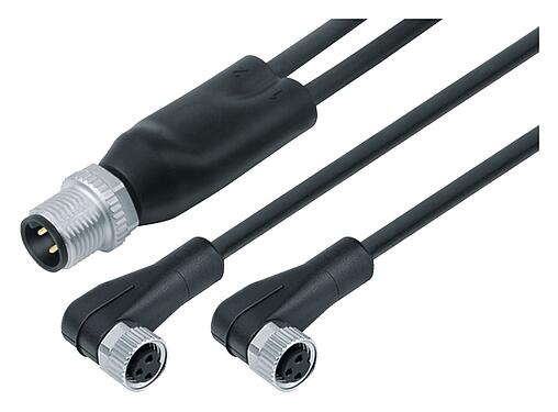 Abbildung M12/M8 Kabelsplitter Kabelstecker - 2 Winkeldosen, Polzahl: 4/3, ungeschirmt, am Kabel angespritzt, IP67, UL 2238, PUR, schwarz, 3 x 0,34 mm², 1 m