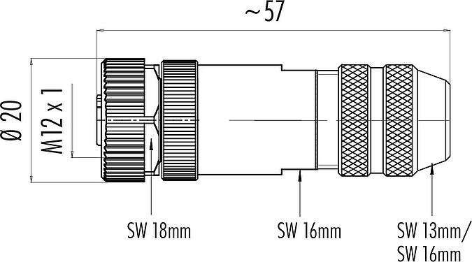 스케일 드로잉 M12 케이블 소켓, 콘택트 렌즈: 5, 6.0-8.0mm, 차폐 가능, 나사 클램프, IP67, UL 2238, 차폐 링 포함
