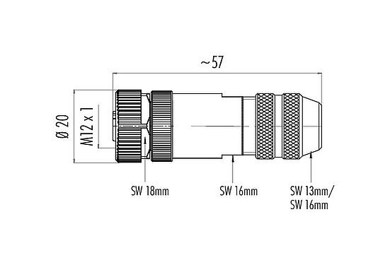 Scale drawing M12 Female cable connector, Contacts: 4, 6.0-8.0 mm, shieldable, screw clamp, IP67, UL 2238, with shielding ring