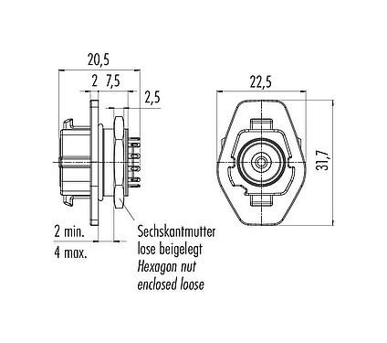 Scale drawing Snap-In Female panel mount connector, Contacts: 12, unshielded, solder, IP54, Front mounting