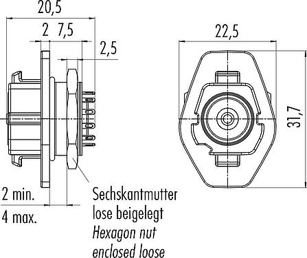 Schaaltekening Snap-In Female panel mount connector, aantal polen: 12, onafgeschermd, soldeer, IP54, Frontaansluiting