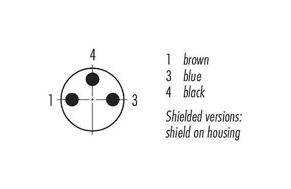 Contact arrangement (Plug-in side) M8 Male cable connector, Contacts: 3, shielded, moulded on the cable, IP67, UL 2238, PUR, black, 3 x 0.34 mm², 5 m