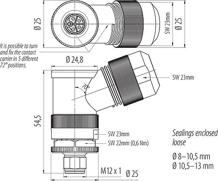 Dessin coté M12 Connecteur mâle coudé, Contacts: 4+FE, 8,0-13,0 mm, non blindé, pince à visser, IP67, UL 2238, M12x1,0, pour l'alimentation électrique