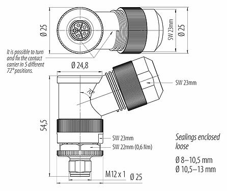 Dessin coté M12 Connecteur mâle coudé, Contacts: 4+FE, 8,0-13,0 mm, non blindé, pince à visser, IP67, UL 2238, M12x1,0, pour l'alimentation électrique
