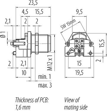 比例图 M12 针头法兰座, 极数: 4, 可接屏蔽, THR, IP67, UL 2238, M12x1.0, 後壁安裝