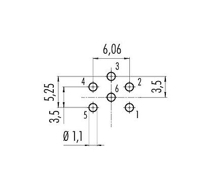 Conductor layout M16 Male panel mount connector, Contacts: 6 (06-a), unshielded, THT, IP40, M18x0,75, Rear mounting