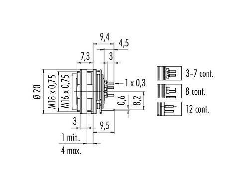 Schaaltekening 09 0308 290 03 - M16 Female panel mount connector, aantal polen: 3 (03-a), schermbaar, THT, IP40, aan voorkant verschroefbaar