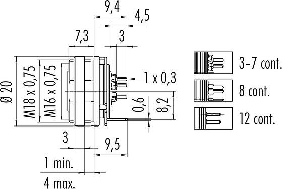 Scale drawing M16 Female panel mount connector, Contacts: 4 (04-a), shieldable, THT, IP40, M18x0,75, Rear mounting