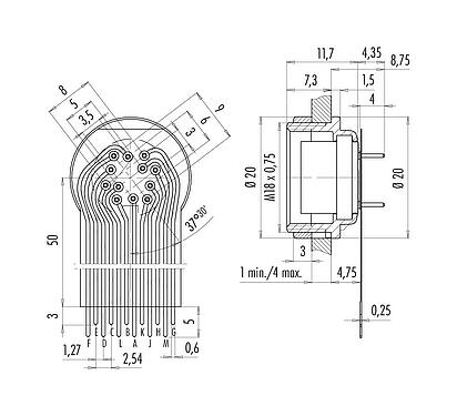 Anschluss & Maße
M16 Soquete de flange, Contatos: 12 (12-a), desprotegido, THT, IP40, M18x0,75, Montagem no painel traseiro