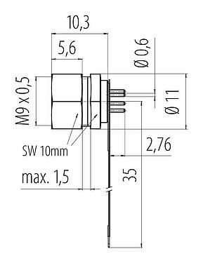 Maßzeichnung M9 Flanschdose, Polzahl: 8, ungeschirmt, THT, IP40, M9x0,5, Frontmontage