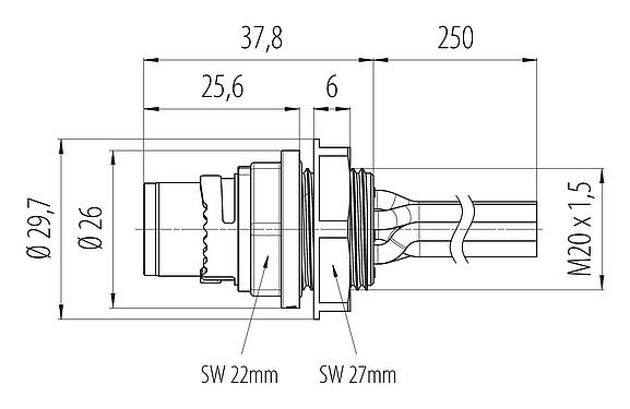 Maßzeichnung Bajonett Flanschstecker, Polzahl: 6, ungeschirmt, Litzen, IP66/IP67, UL 2237, M20x1,5, Frontmontage