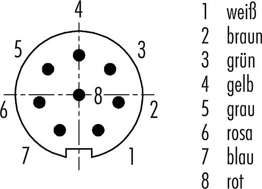 Polbild (Steckseite) M9 Kabelstecker, Polzahl: 8, geschirmt, am Kabel angespritzt, IP67, PUR, schwarz, 8 x 0,14 mm², 2 m