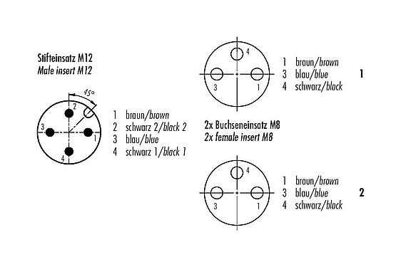 Polbild (Steckseite) M12/M8 Kabelsplitter Winkelstecker - 2 Kabeldosen, Polzahl: 4/3, ungeschirmt, am Kabel angespritzt, IP67, UL 2238, PUR, schwarz, 3 x 0,34 mm², 1 m