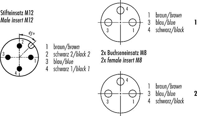 Contact arrangement (Plug-in side) M12/M8 Male cable splitter - 2 female angled connector, Contacts: 4/3, unshielded, moulded on the cable, IP67, UL 2238, PUR, black, 3 x 0.34 mm², with LED PNP, 2 m