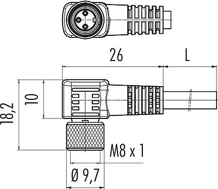 Méretarányos rajz M8 derékszögű aljzat, : 4, árnyékolt, kábelre öntött, IP67, PUR, fekete, 4 x 0,34 mm², 5 m