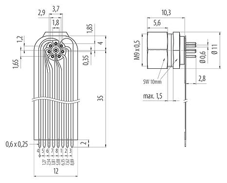Anschluss & Maße
M9 Flanschdose, Polzahl: 8, ungeschirmt, THT, IP40, M9x0,5, Frontmontage
