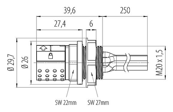 Maßzeichnung Bajonett Flanschdose, Polzahl: 6, ungeschirmt, Litzen, IP66/IP67, UL 2237, M20x1,5, Frontmontage