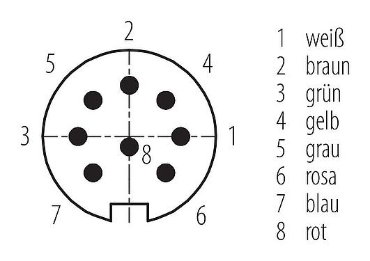 Polbild (Steckseite) M16 Kabelstecker, Polzahl: 8, ungeschirmt, am Kabel angespritzt, IP67, PUR, schwarz, 8 x 0,25 mm², 2 m