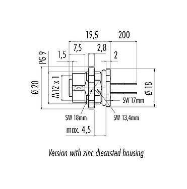 Výkres v měřítku M12 Přírubová zásuvka, : 8, nestíněný, Splétané vodiče, IP68/IP69K, UL 2238, PG 9, Montáž na zadní stěnu
