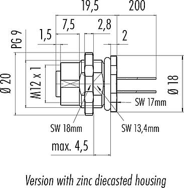 Scale drawing M12 Female panel mount connector, Contacts: 12, unshielded, single wires, IP68/IP69K, UL 2238, PG 9, Rear mounting, potted
