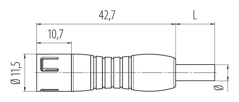 Maßzeichnung Snap-In Kabelstecker, Polzahl: 3, ungeschirmt, am Kabel angespritzt, IP67, UL 2238, PUR, schwarz, 3 x 0,25 mm², 2 m