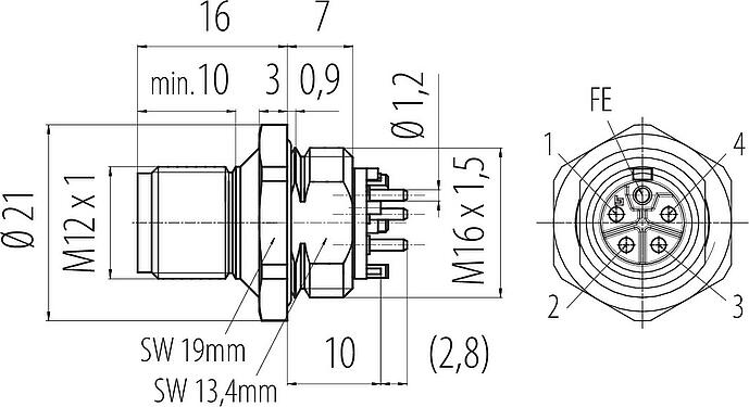 比例图 M12 针头法兰座, 极数: 4+FE, 非屏蔽, THR, IP67, UL 2238, M16x1.5, 板前安装