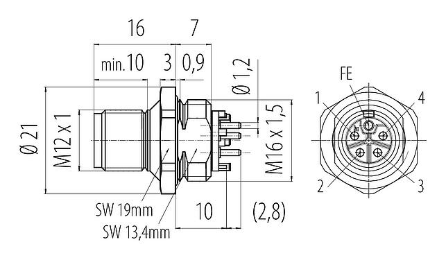 Maßzeichnung M12 Flanschstecker, Polzahl: 4+FE, ungeschirmt, THR, IP67, UL 2238, M16x1,5, Frontmontage