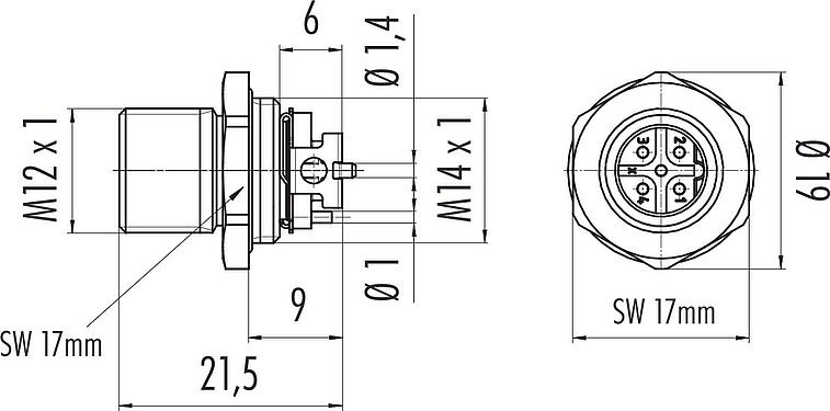 Maßzeichnung M12 Flanschstecker, Polzahl: 5, schirmbar, SMT, IP67, M14x1,0, Rückwandmontage