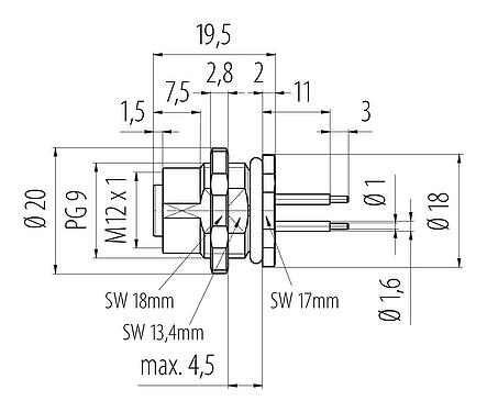 比例圖 M12 孔頭法蘭座, : 5, 非遮罩, THT, IP68, PG 9, 後壁安裝
