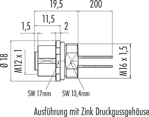 Maßzeichnung M12 Flanschdose, Polzahl: 5, ungeschirmt, Litzen, IP68, UL 2238, M16x1,5, Frontmontage