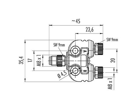 Disegno in scala M8 Scatola di distribuzione doppia, distributore a Y, maschio - 2 femmina, Numero poli: 4/3, non schermato, innestabile, IP67, UL 2238