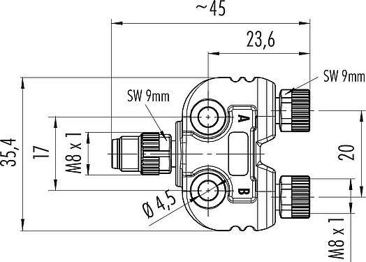 Scale drawing M8 Twin distributors Y-distributor, male connector - 2 female connector, Contacts: 4/3, unshielded, pluggable, IP67, UL 2238