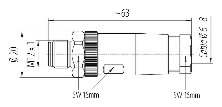 Dessin coté M12 Connecteur mâle, Contacts: 4, 6,0-8,0 mm, non blindé, pince à visser, IP67, Acier inoxydable