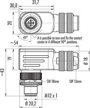 스케일 드로잉 M12 각진 플러그, 콘택트 렌즈: 5, 6.5-8.5mm, 차폐 가능, 케이지 클램프, IP67, 차폐 링 포함
